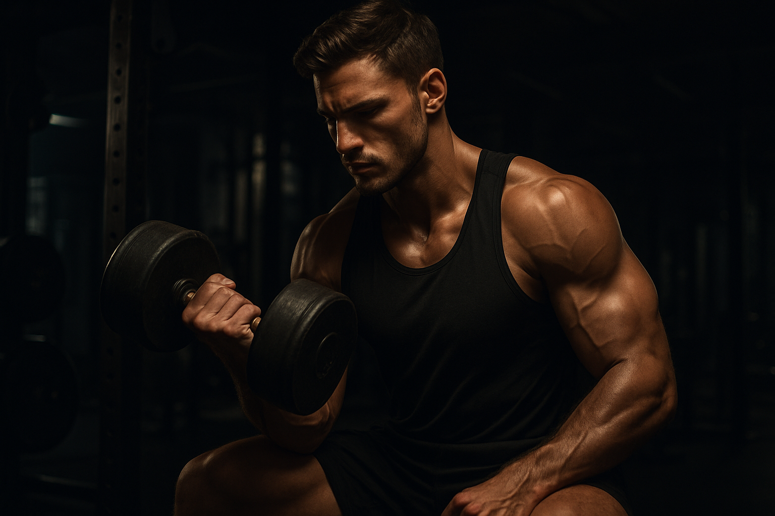 very fit handsome man in the gym with dark lighting 